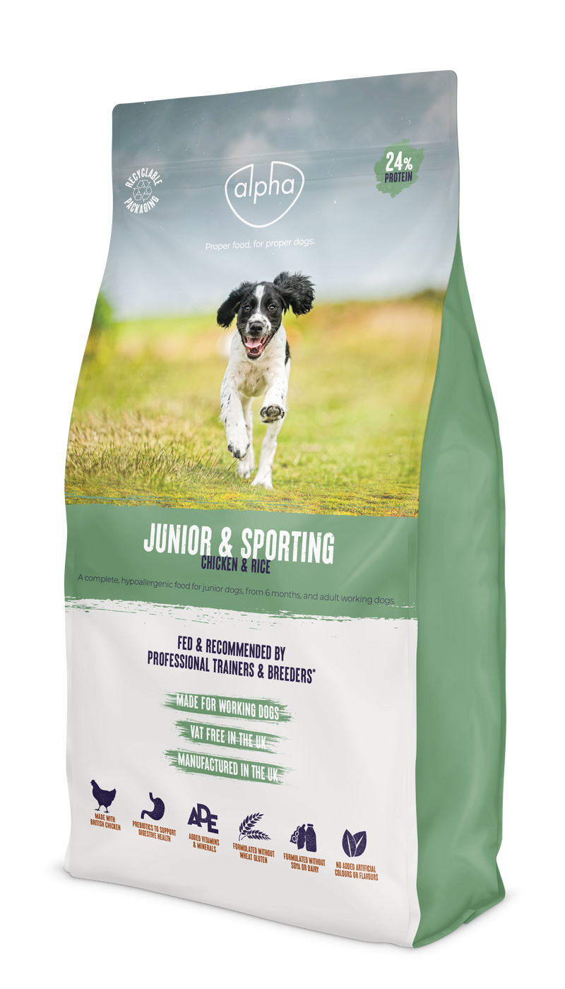 Alpha Adult, Junior & Sporting 15Kg Dry Dog Food bag side 