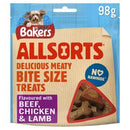 Bakers Allsorts Bite Size Training Treats 98g resealable bag with beef, chicken, and lamb flavors.