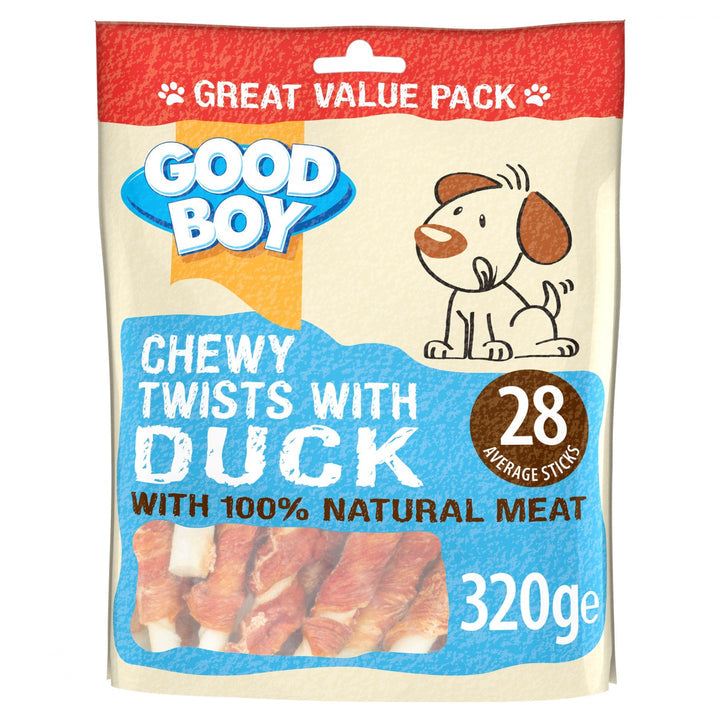 Good Boy Chewy Twists with Duck Dog Treats 320g packaging featuring natural meat for dogs.
