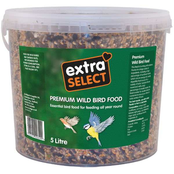 Su Bridge Extra Select Premium Wild Bird Feed 5L bucket with nutrient-rich ingredients including sunflower hearts.