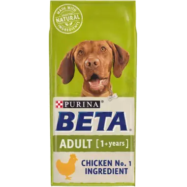 BETA Adult Dry Dog Food Chicken 2kg bag with real chicken as the main ingredient, tailored nutrition for active adult dogs.
