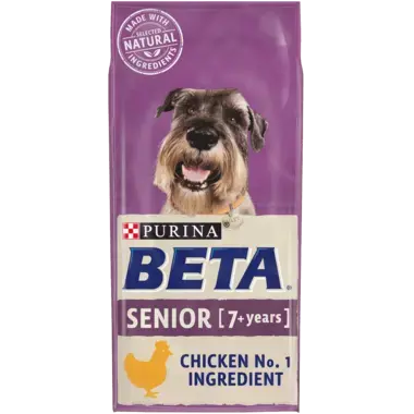 BETA Senior Dry Dog Food 2kg bag with chicken as the number one ingredient, tailored nutrition for senior dogs aged 7+, supporting healthy aging and vitality