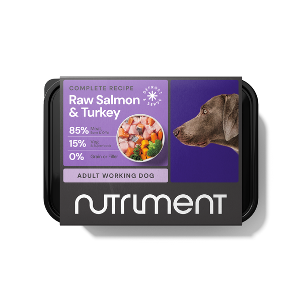 Nutriment raw salmon and turkey dog food for adult working dogs, grain-free complete recipe with 85% meat, bone, offal and 15% vegetables and superfoods.