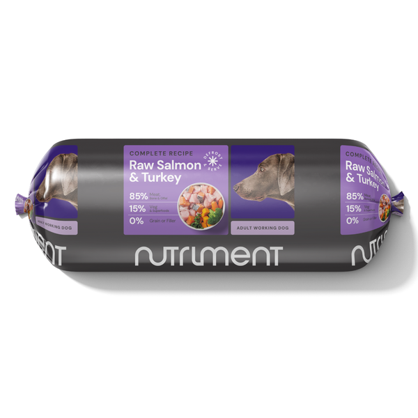 Nutrimant raw salmon and turkey dog food roll with 85% meat and 15% vegetables, grain-free complete recipe for adult working dogs