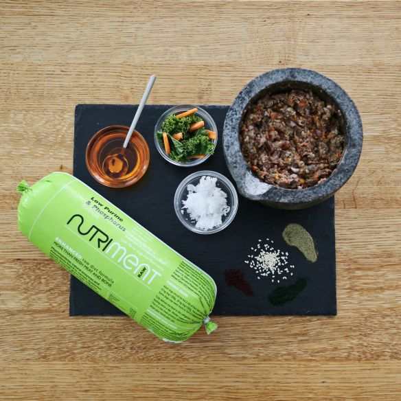 Nutriment Support Low Purine Raw Dog Food with natural ingredients, enhancing canine health.