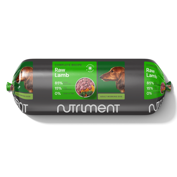 Nutriment Lamb Raw Dog Food roll with 85% meat, 15% vegetables, and no grains, designed for adult working dogs.
