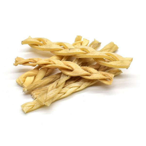 Braided beef skin dog treats made from 100% natural, hypoallergenic, air-dried beef skin for long-lasting, low-fat chewing