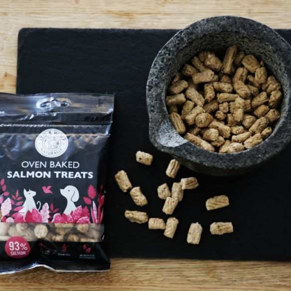 100g Leo & Wolf Oven Baked Salmon Treats for Dogs & Cats, high-quality nutrition with 93% salmon, rich in Omega-3, on display with packaging.