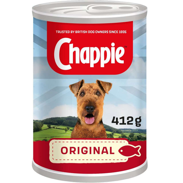 Chappie Adult 412g Original Wet Dog Food Tin, low-fat, vitamin-fortified, with fish and chicken, for healthy digestion.