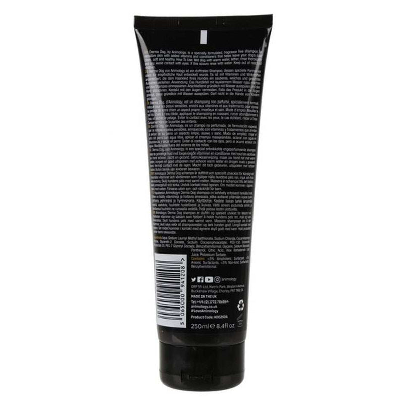 Animology Derma Dog Shampoo 250ml bottle for sensitive skin care.