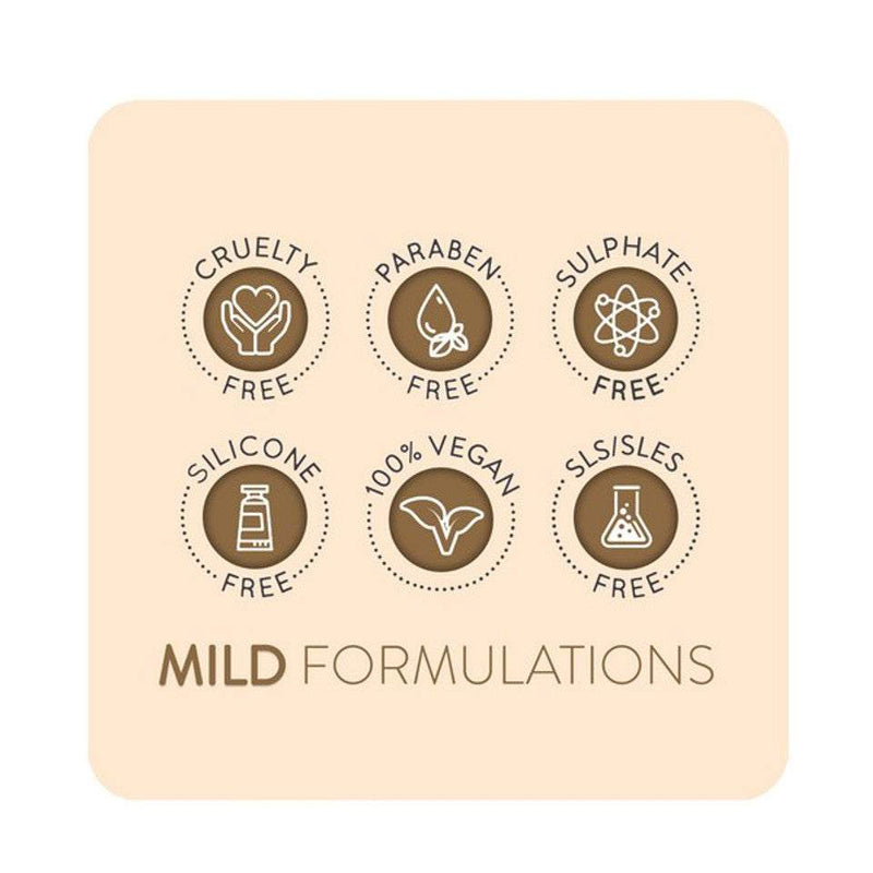 Cruelty-free, paraben-free, sulphate-free, silicone-free, vegan, mild formulation icons for Animology Derma Dog Shampoo 250ml.