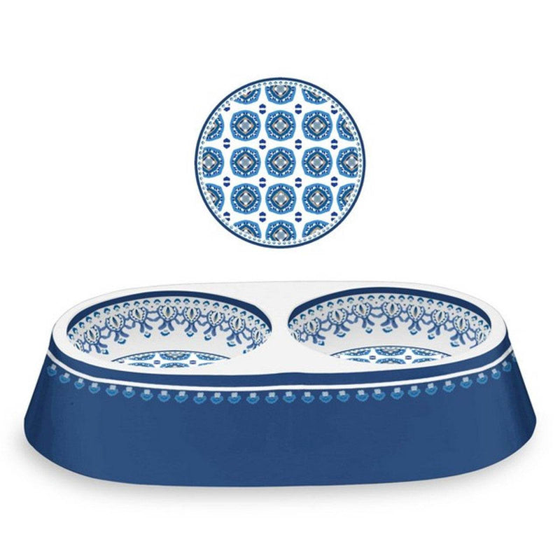 Tarhong Moroccan Pet Bowl Double Indigo with decorative pattern, durable and non-slip design.