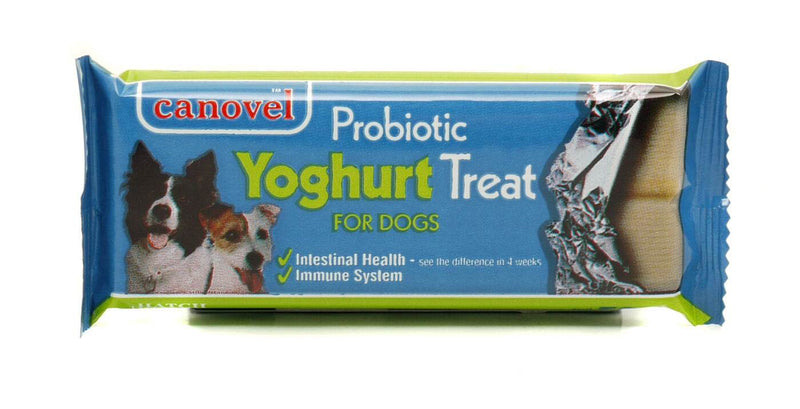 Canovel Probiotic Yoghurt Dog Treat Bar 50g, enhances digestive and immune health, dog-friendly snack.