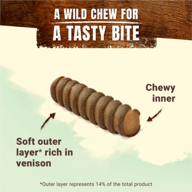 Adventuros Wild Chew Venison Dog Treats with chewy inner and soft venison-rich outer layer.