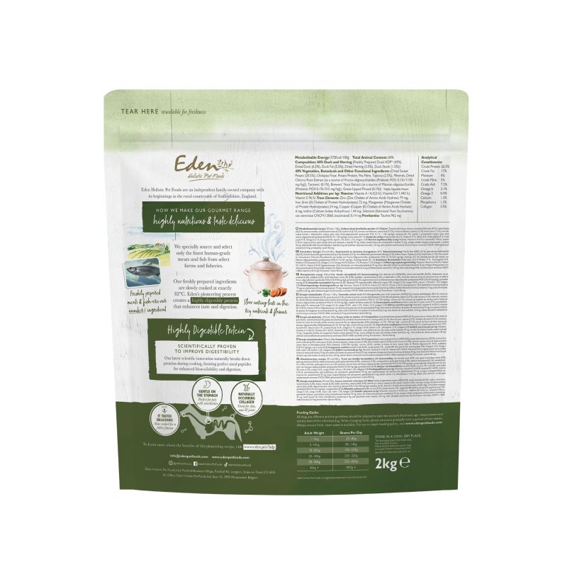 Eden Gourmet Duck & Herring Dog Food package, 2kg bag, nutritious kibble for all dog stages.