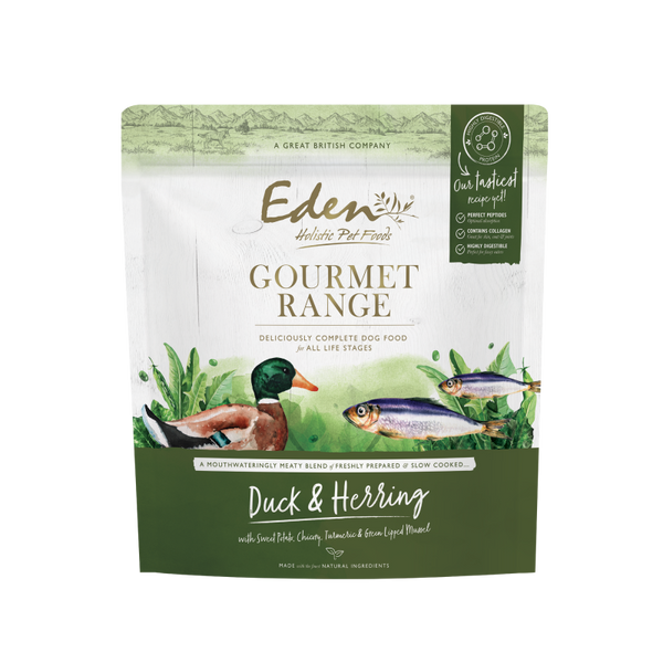 Eden Gourmet Duck & Herring Dog Food packaging, complete nutrition for all life stages.