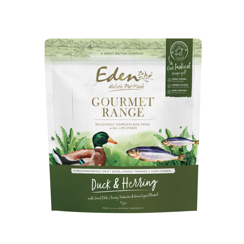 Eden Gourmet Duck & Herring Dog Food packaging, complete nutrition for all life stages.