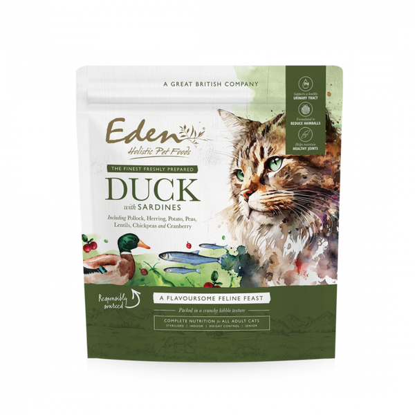 Eden Duck with Sardine Dry Cat Food 1.5kg packaging, suitable for all cat ages and supports joint health.
