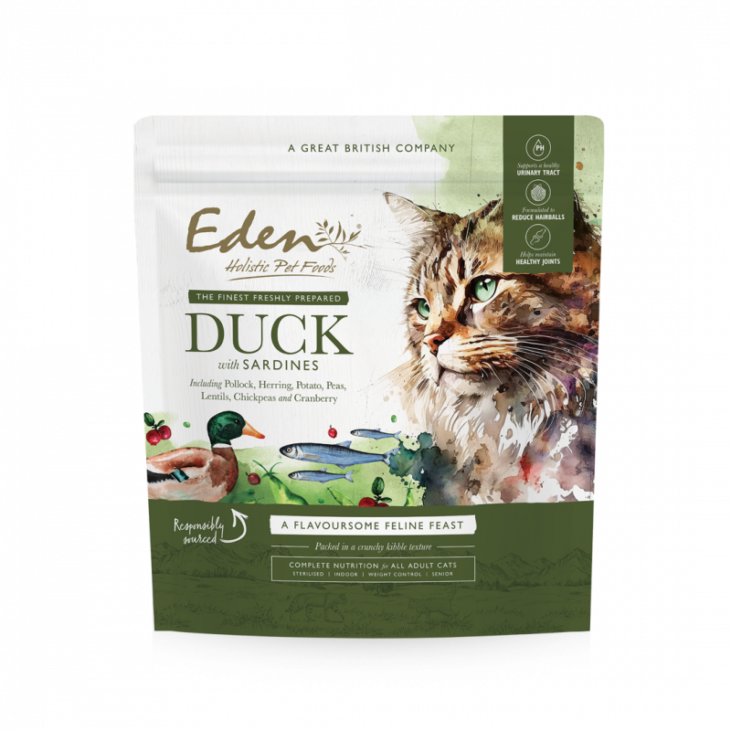 Eden Duck with Sardine Dry Cat Food 1.5kg packaging, suitable for all cat ages and supports joint health.