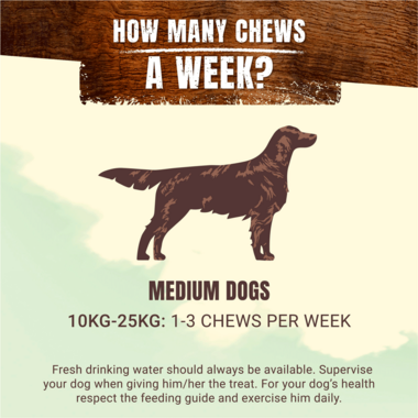 Medium dogs silhouette with chew guidance: 1-3 chews per week (10kg-25kg).