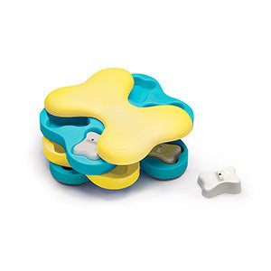 Nina Ottosson Tornado Interactive Treat Puzzle Dog Toy with blue and yellow design.