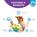 Nina Ottosson Tornado Interactive Treat Puzzle Dog Toy with dog and features icons including food-safe, easy to clean, holds 1/2 cup, reduces anxiety, and mental stimulation.