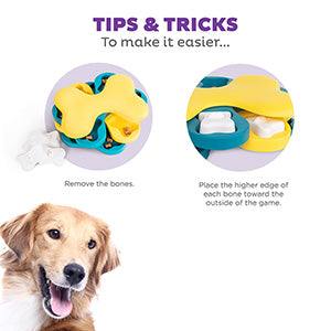 Nina Ottosson Tornado Interactive Treat Puzzle Dog Toy with tips on how to use, featuring a happy dog.