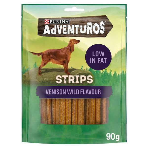 Adventuros Strips Dog Treats Venison Flavour 90g package.