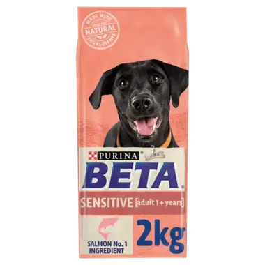 BETA Adult Dry Dog Food Sensitive Salmon 2kg bag with natural ingredients and salmon as the main protein for sensitive adult dogs