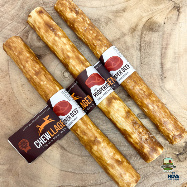 Chewllagen Chewable Collagen Dog Treats with Beef on display.