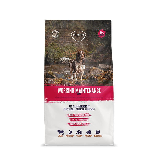 Alpha Worker Maintenance Dry Dog Food 15Kg packaging with a dog in a natural setting.