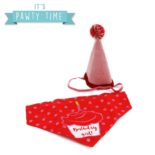 Ancol Birthday Girl hat and bandana set in red polka dot design for dogs, perfect for special celebrations.