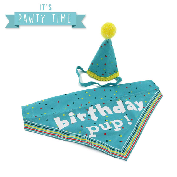 Ancol Birthday Pub hat and bandana set for dogs in blue with colorful polka dots and "birthday pup" text.