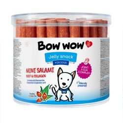 Bow Wow Salami Beef & Collagen Sticks 12cm in a container, enriched with green tea and rosehip for joint health.