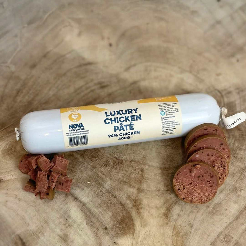 Paddock Farm 400g Luxury Chicken Pate for Dogs on wooden surface.