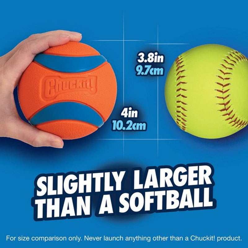 Chuckit Ultra Extra Extra Large Ball compared to a softball for size reference.