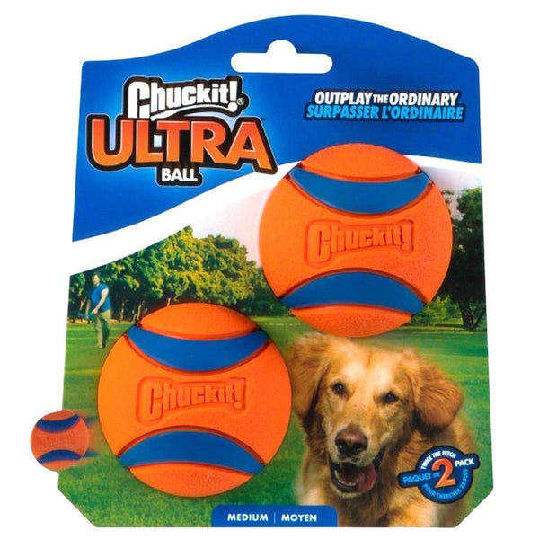 Chuckit! Ultra Medium Dog Balls Twin Pack with high-bounce, durable design for fetch games.