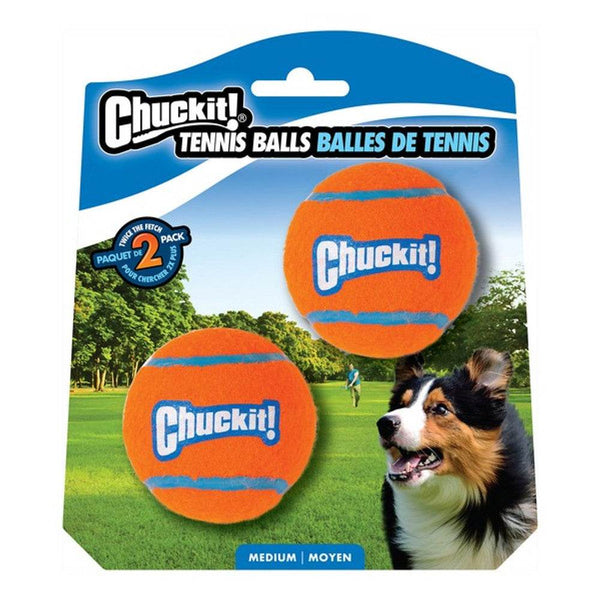 Chuckit Tennis Ball Small Twin Pack, durable dog fetch toy, bright and high visibility.