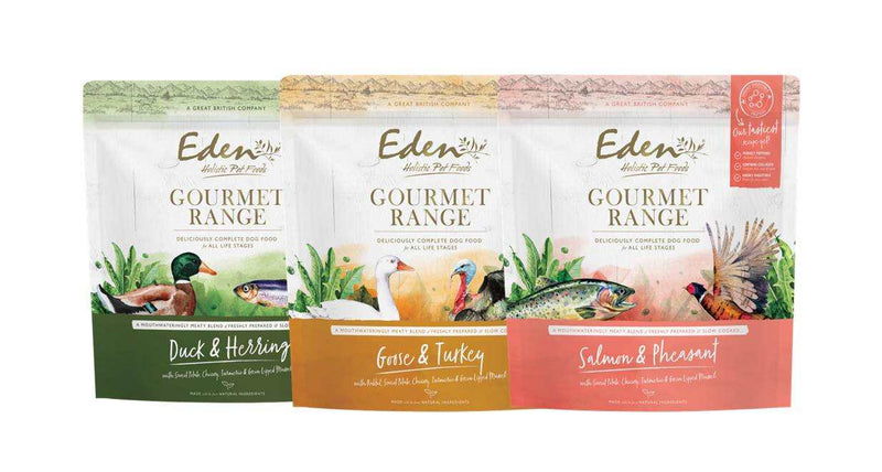Eden Gourmet Range Dog Sample Pack 3 x 100g Bags, featuring Duck & Herring, Goose & Turkey, and Salmon & Pheasant flavors.