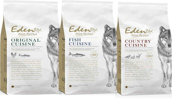 Eden Dry Dog Food Range Sample Pack with Original, Fish, and Country Cuisine bags.
