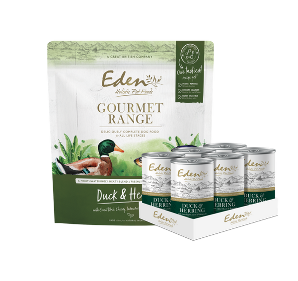 Eden Gourmet Duck & Herring Bundle dog food with 2kg kibble and six 440g tins.