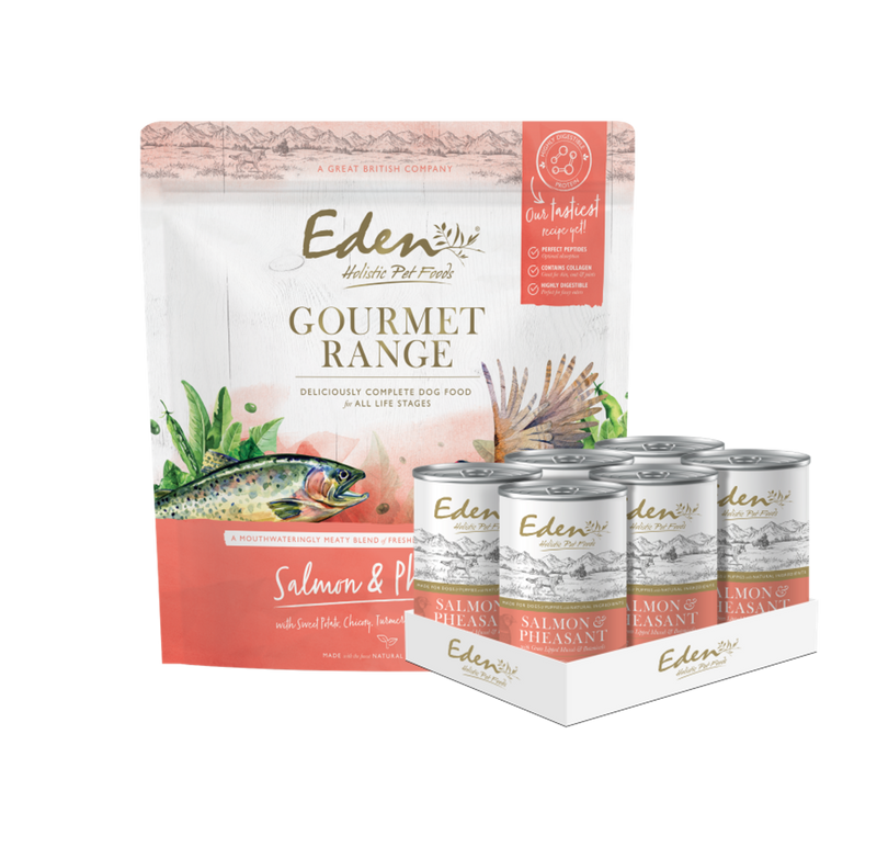 Eden Gourmet Salmon & Pheasant Bundle, nutritious dog food with omega-3, 2kg kibble and six 440g tins.