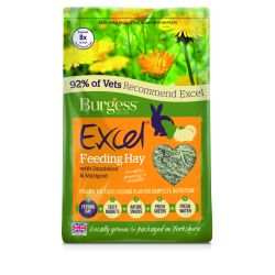Burgess Excel Feeding Hay with Dandelion & Marigold 1kg package, ideal for small animals, rich in beneficial fiber.