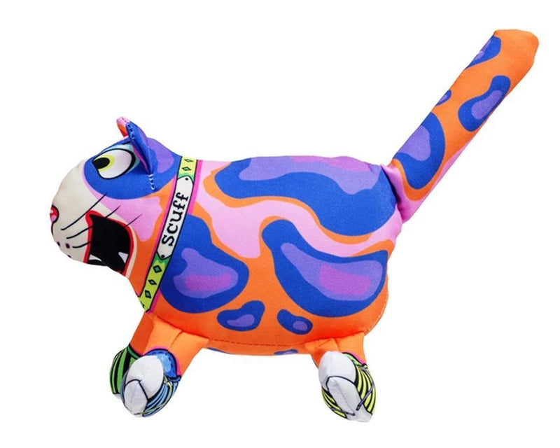 Fuzzu Sneaky Cat Scruff dog toy with colorful design and squeaker.