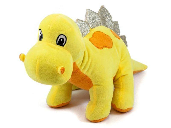 Ancol Glittersaurus Cuddler Dinosaur plush toy with glittery spines and horns for dogs.
