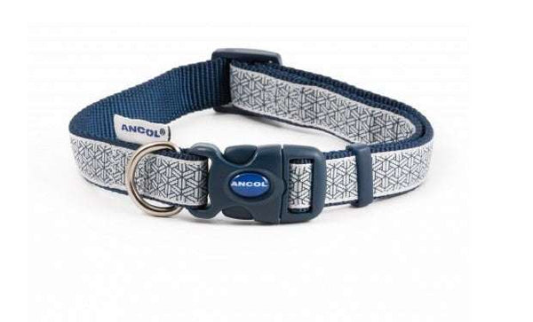 Ancol Fashion Geometric Design Blue Silver Dog Collar with snap-buckle fastening and durable nylon base.