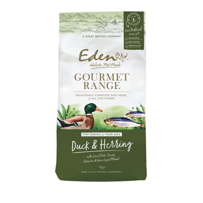 Eden Gourmet Duck & Herring Dog Food - nutritious kibble for puppies, adults, and seniors, rich in Omega-6 for skin and coat health.