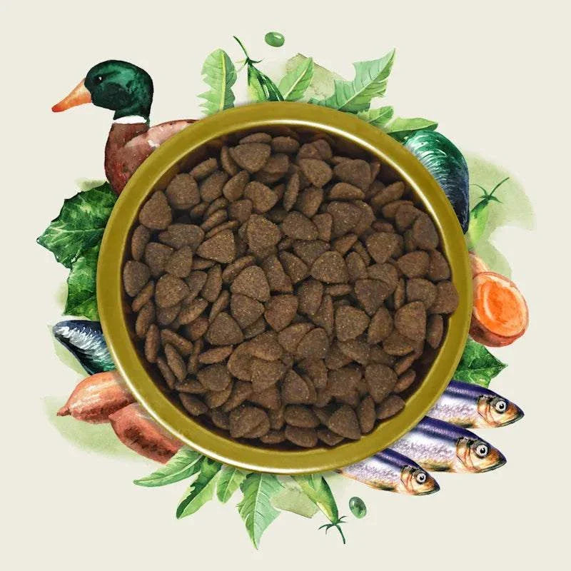 Eden Gourmet Duck & Herring Dog Food kibble with duck and herring illustrations.