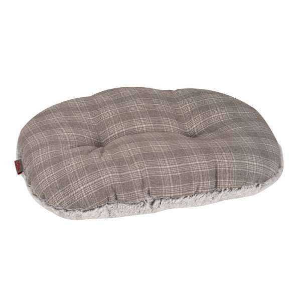 Grey plaid oval cushion dog bed with warm fleece covering and machine washable design