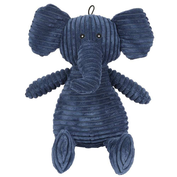 Blue elephant-shaped Happy Pet Elly dog toy with ribbed texture.